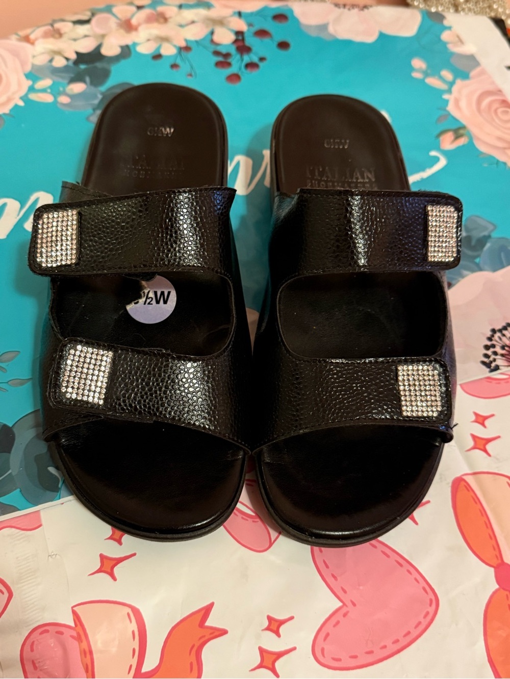 Black Leather Slide Sandals with Rhinestone Straps